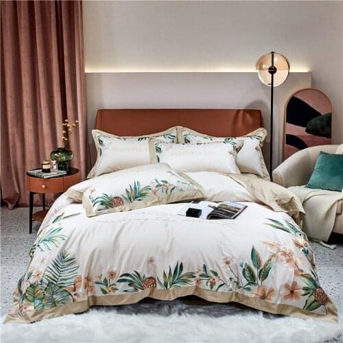 Luxury 1000TC Egyptian Cotton Tropical Plant Flowers Embroidery Bedding Set Double Duvet Cover Set Bed Fitted Sheet Pillowcases