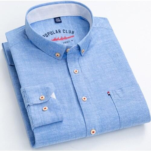 Blue White Mens Shirts Long Sleeve Cotton Line Casual Loose Business Dress Shirt For Man Solid Button-down Camisa Men Blouse