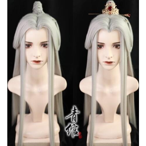Silver White Mens Prince Long Wig+Headdress Ancient Costume Hanfu Hair