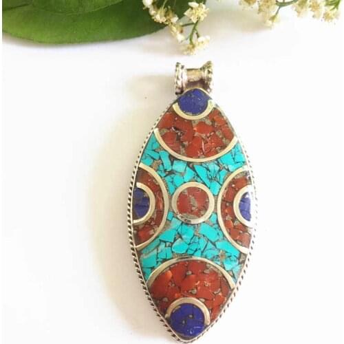 TBP507 Tibetan Jewelry Pendants White Metal Copper Inlaid Colorful Stone Flower Pendants from Nepal