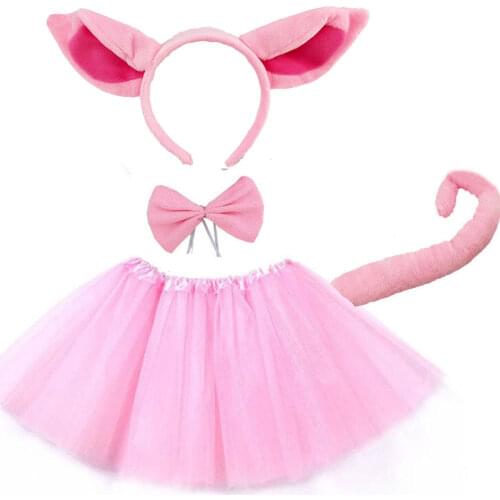 Purim Girl Pink Pig Cosplay Headband Tutu Skirt Tie Tail Set Kids Children Birthday Party Gift Costume Halloween Carnival