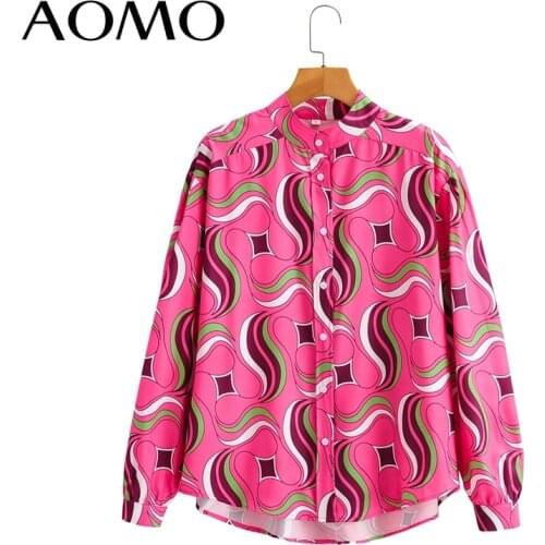 AOMO Women Retro Oversized Geometry Print Blouse Long Sleeve Chic Female Casual Loose Shirt Blusas Femininas 8Y15A
