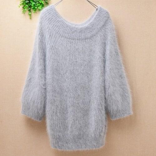 Female women winter thick warm hairy angora rabbit fur knitwear slash neck off shoulder sleeve loose pullover angora fur sweater