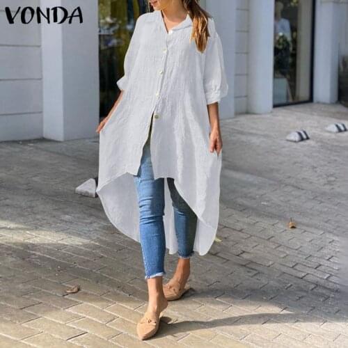 Women Irregular Shirts Blouse 2021 VONDA Vintage 3/4 Sleeve Lapel Neck Party Shirt Casual Holiday Plain Long Blouse Femme Brusas