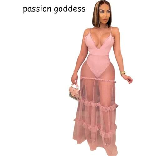 Women Summer Pink Ruffles Sexy Dresses Evening Party Night Club Dress V Neck Spaghetti Strap See Through Mesh Long Maxi Dress