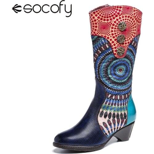 SOCOFY Womens Folkways Pattern Button Zipper High Heel Winter Mid Calf Boots Elegant Shoes Women Shoes Botas Mujer 2020