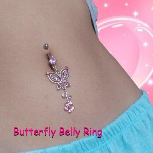 Egirl Style Pink Shiny Crystal Flower Butterfly Wings Belly Ring Women Stainless Steel INS Body Y2K Accessories 2000s Aesthetics
