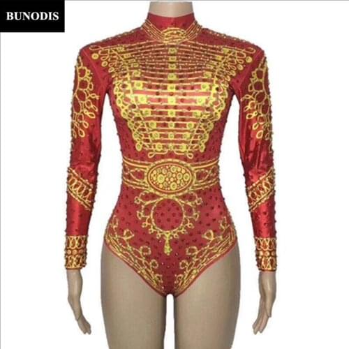 ZD247 Simple Version Women Gold & Red Sexy Bodysuit Sparkling Crystals Jumpsuit Celebrate Nightclub Party Performance Stage Wear