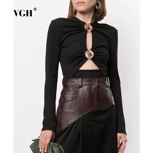 VGH Sexy Cut Out Black Slim Bodysuit Female V Neck Long Sleeve High Waist Korean Fashion Romper Womens Clothing Summer 2021 New