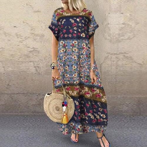 Vintage Loose Boho Beach Maxi Dress Women Ladies Retro Casual Floral Print Short Sleeve Holiday Sundress Swing Long Dress