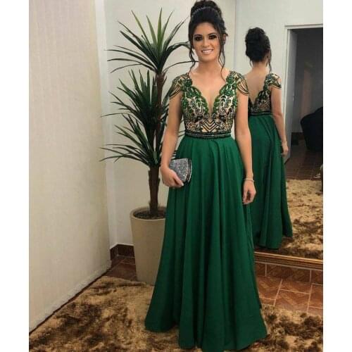 Long Double V-Neck A-Line Green Beaded Evening Dresses with Pockets Floor Length Sexy Back Chiffon Formal Party Dress for Women