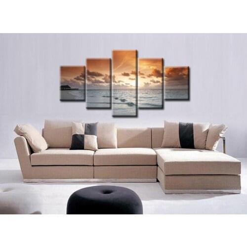 5 Panel Wall Art Seaside Landscape Painting Sunset Seascape Canvas Prints Home Decor Picture for Living Room Framed J009-017