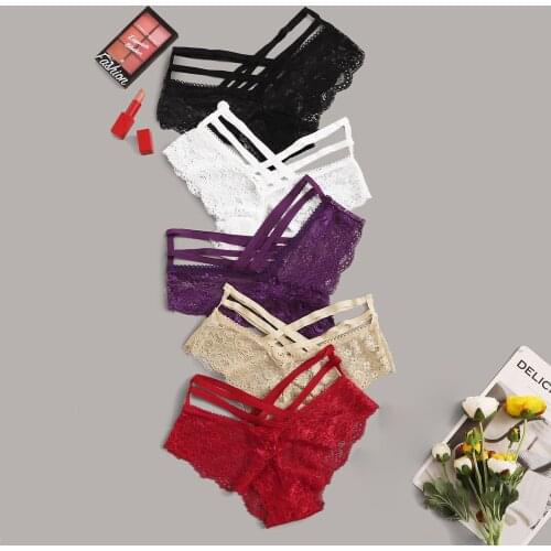 5PCS Women Sexy Lingerie Lace Open Cross Strap Low-Rise Thong Panties Solid Bikini G-string Lingerie Underwear tangas de hilo 00