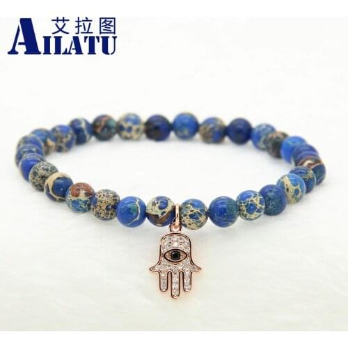 Ailatu 6mm Blue Sea Sediment Imperial Stone Micro Inlay Zircons Fatima Hand Hamsa Pendant Bracelet Exquisite Girl Gift