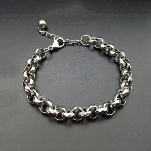 Punk Long round chain Bracelets For Men Stainless Steel Charm Link Chain Bracelets Male Gothic Jewelry 18.5+5cm extend chain