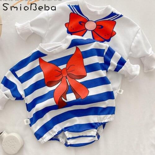 Baby Girls One-piece Striped Rompers Dress Spring Princess Lovely Newborn Kids Bag Fart With Big Bow Cute Cotton Jumpsuits