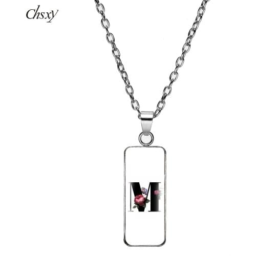 CHSXY 26 A-Z Initial Letter Pendant Necklace For Women Alphabet Necklace Handmade Rectangular Glass Cabochon Trendy Jewelry Gift