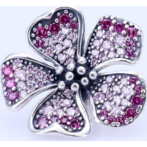 Authentic 925 Sterling Silver Romantic peach blossom series flowers clusters beads Fit Original Charms Bracelet Necklace