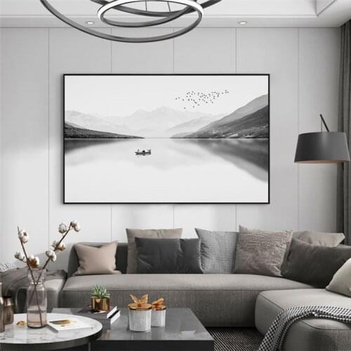 Mountain Lake Landscape Canvas Painting Nordic Abstract Black White Minimalist Wall Art Pictures for Living Room Home Decor