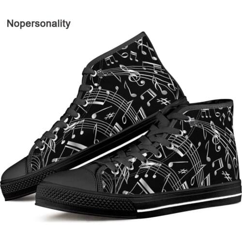 Nopersonality Black Music Notes Print High Top Canvas Shoes for Men Classic Male Vulcanized Shoes Custom Flat Sneakers