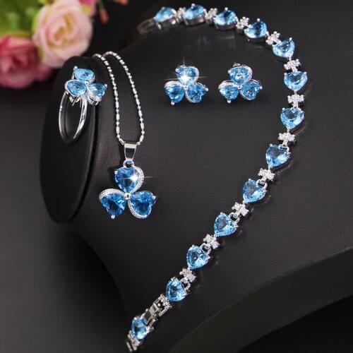 Sky Blue Zircon Silver 925 Costume Jewelry Set For Women Stud Earrings Ring Necklace Bracelet Set Bridal Jewelry Set Fast Ship