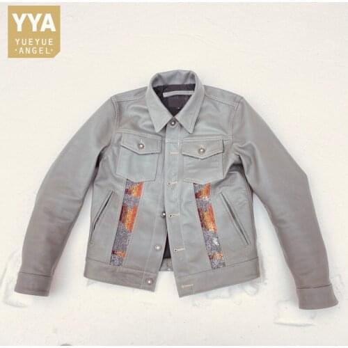 Vintage Mens Cow Genuine Leather Jacket Retro Pattern Slim Fit Biker Leather Coat Man Casual Single Breasted Windbreaker Jackets