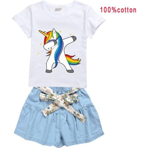 2-15Y Unicorn Summer Childrens Clothing 100% Cotton Girls Tops Jeans Suit Rainbow Unicorn Cosplay Fashion T-shirt Denim Shorts