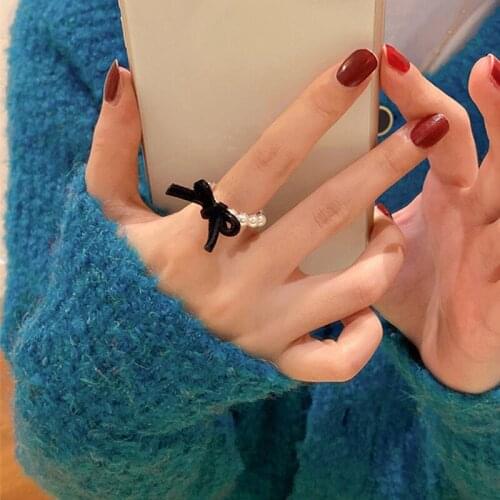 Fashion Red Black Flannel Bow Pearl Ring For Women Silver Color Heart-shaped Elastic Rope Adjustable Ring Exquisite Jewelry Gift