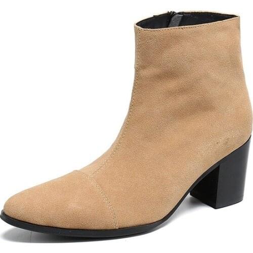 Pointed Toe Leather Dress Boots Men 7CM High Heel Men Boots Zip Black Business Leather Boots Mens Club Party Jazz Dance Boots