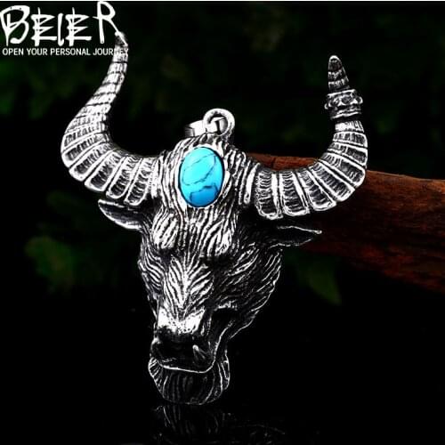 Beier 316L stainless steel Nordic Viking Bull Head Mens Pendant Necklace Punk Animal Green Stone Jewelry LLLHP101P
