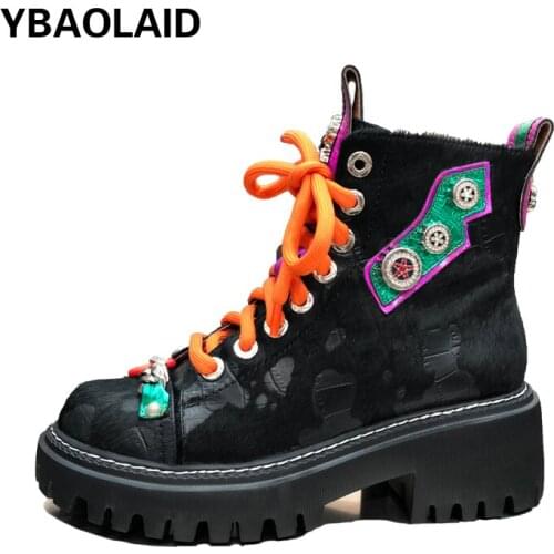 New Round Head Color Matching Rhinestone Rivet Chain Leopard Print Horsehair Cross Strap Side Zipper Short Tube Martin Boots