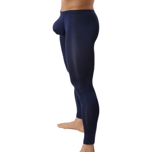 Richkeda Store New 2021 Mens Sexy Long Johns Ice Silk Ultra-thin Transparent Penis Pouch Leggings Underwear Men Home