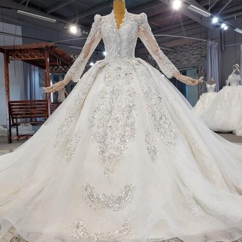 Luxury Elegant Long Sleevebridal Wedding 2021 Silver Shiny Flowers Wedding Dress Pearl Lace Vestido De Noiva