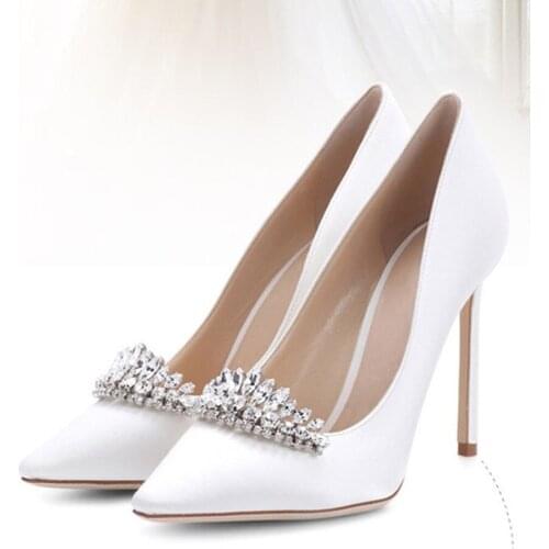 Spring Ladies Bling Rhinestone Crown Embellished Pumps Thin Heels Satin Slip on Single Wedding Shoes Crystal Shoes