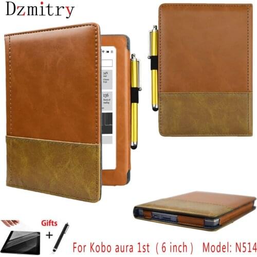 Luxury PU Skin Magnetic case Cover For Rakuten Kobo aura 1st (6 inch) & Model: N514 ebook pouch eReader Protector Shell+Film+Pen