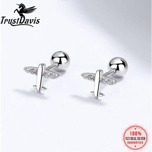 TrustDavis Real 925 Sterling Silver Sweet Plane Aircraft Shiny CZ Screw Stud Earrings For Women Children Baby Jewelry DB1425