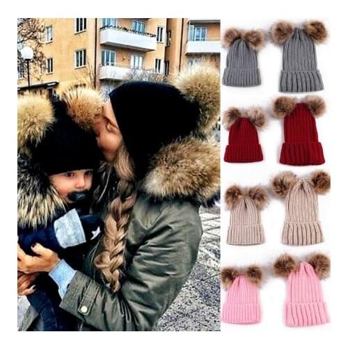 Fur ball cap winter hat for Mother Baby Kids Daughter Son hat knitted beanies cap brand new thick female cap