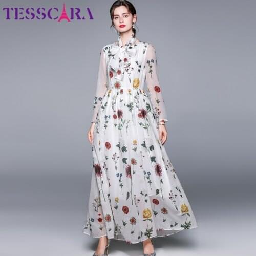 TESSCARA Women Spring Elegant Floral Dress Festa High Quality Long Maxi White Party Robe Femme Vintage Designer Chiffon Vestidos