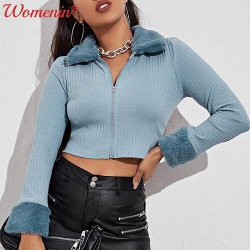 Faux Fur Collar Crop Jacket Women Sweater Knitted Zipper Long Sleeve Ladies Cardigans Fashion 2021 Autumn Winter Warm Lady Tops