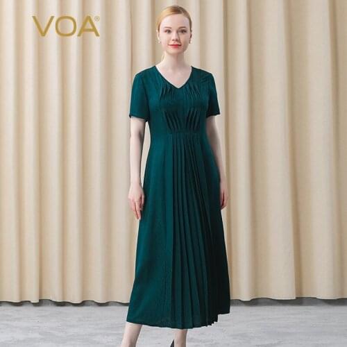 VOA Silk Jacquard Malachite Green Short-sleeved Chicken Collar Fold Splice Loose Waist Organ Fold Hem Skirt AE632