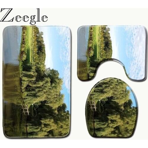 Zeegle Microfiber Toilet Floor Mats Scenic Printed Bathroom Rugs Set Anti-slip Toilet Bath Mats Set Carpet Bathroom Toilet Mat