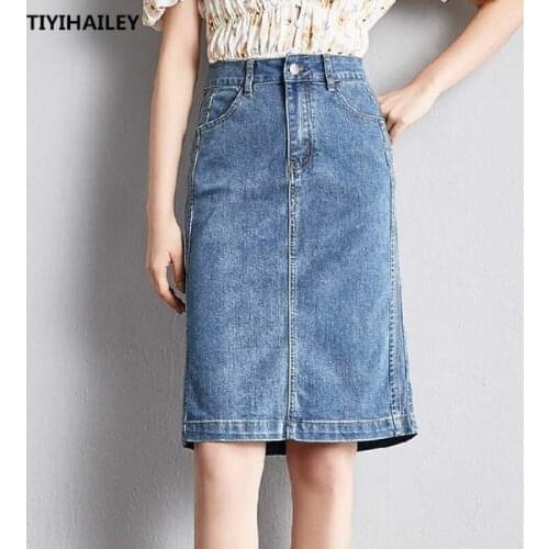 TIYIHAILEY Free Shipping Fashion Knee Length Denim Skirt S-XL Female Summer Slim Hip Pencil Skirts For Women High Quality