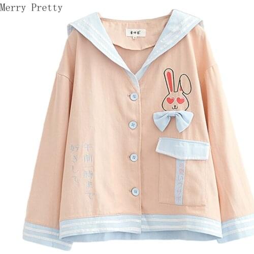 Women Jackets Harajuku Cartoon Embroidery Cotton Coats 2021 Summer Long Sleeve Sailor Collar Single Breasted Cute Basic Outwears