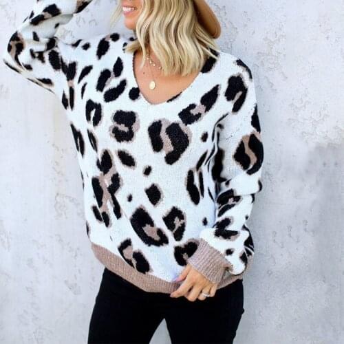 2021 Autumn and Winter New Leisure V-Neck Leopard Print Loose Sweater Womens Sweater Fashion