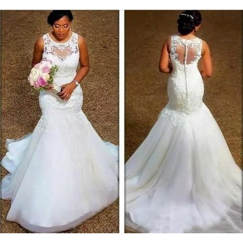 Sheer Neck Plus Size Wedding Dresses Mermaid Appliqued Lace Tulle Illusion Button Back Bridal Gowns Custom Vestidos De Novia