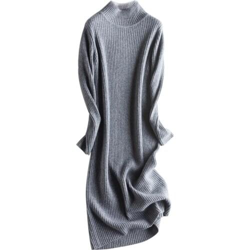 Women 2019 Autumn new Casual Knitted Dress gray Long Sleeve Turtleneck Sweater Dress Womens Clothing