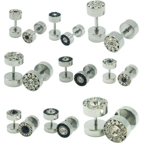 1 pair fashion fake ear plugs flesh tunnels ear tapers with crystal stainless steel stud earrings 6mm 8mm 10mm body jewelry