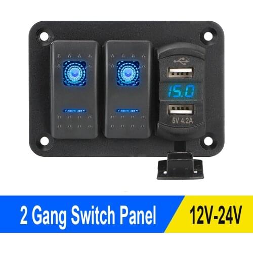 2 Gang Rocker Switch Panel 12/24V Control Breaker Marine Circuit Dual USB Port LED Digital Voltmeter for Car RV Truck Auto Part