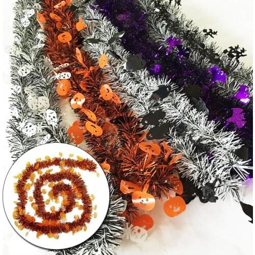 2M Halloween Spider Bat Skull Ghost Pendant Ornaments Ribbon Tinsel DIY Color Bar Garland Hanging Artificial Rattan Flower