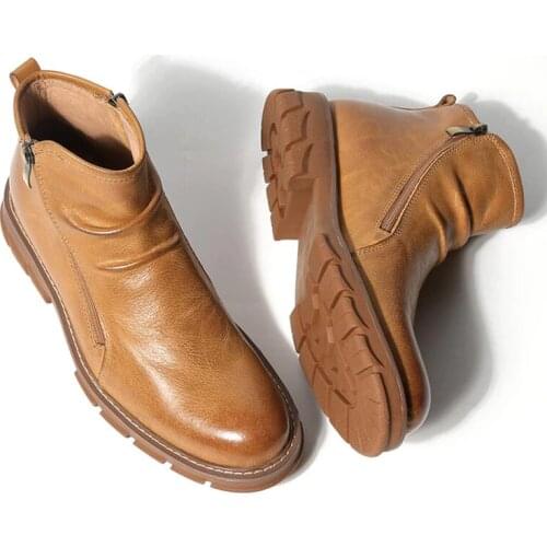 Men Pleated Riding Boots Full Grain Leather Round Toe Zip Chelsea Boots Bussiness Man Thick Heel Heighten Ankle Boots
